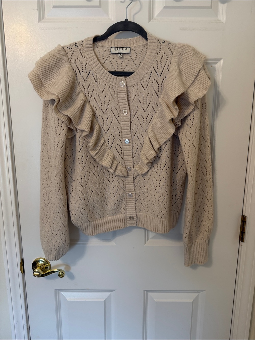 Bagatelle Collection  Beige Ruffle-Trim Knit Cardigan Medium